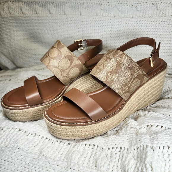 Coach Shoes - New Coach monogram logo sandals shoe 8.5 brown tan leather wedge heel strap 39